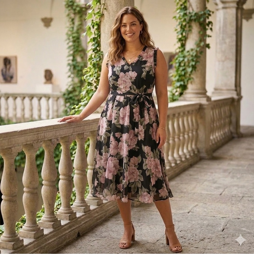 Emma & Michele Black Midi Dress with Pink Floral Print